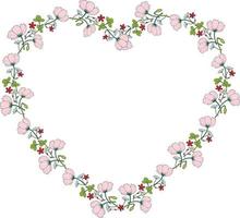 Heart made of cosmos, clover, chamomile, carnation, bud poppy. Template with romantic floral elements for your design vector