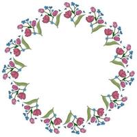Round frame with vertical blue flowers forget-me-not and pink tulips on white background. Vector image.