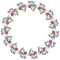 Round frame with vertical blue flowers forget-me-not and pink tulips on white background. Vector image.