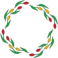 Round frame made of red and yellow tulips. Romantic wreath on white background vector