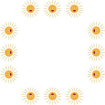 Square frame with smiling sun on white background. Vector image.