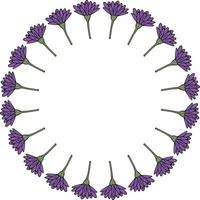 Round frame with vertical violet flowers on white background. Vector image.