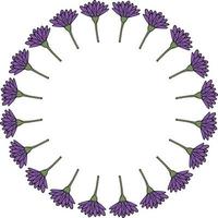 Round frame with vertical violet flowers on white background. Vector image.