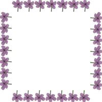 Square frame with purple flowers on white background. Vector image.