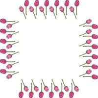 Square frame with vertical bright pink tulips on white background. Isolated frame of flowers for your design. vector