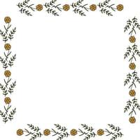 Square frame with horizontal orange flowers and green branches. Isolated frame on white background. vector