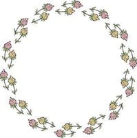 Romantic round frame with pink and yellow flower doodles. Floral wreath on white background for your design. vector