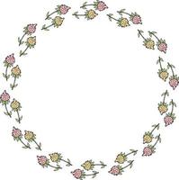 Romantic round frame with pink and yellow flower doodles. Floral wreath on white background for your design. vector