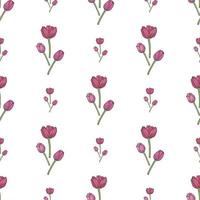 Seamless pattern with adorable pink tulips on white background. Endless background for your design. Vector image.