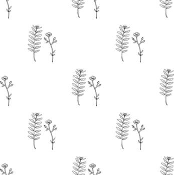 Seamless pattern with black-and-white buttercups and herbs for fabric, textile, clothes, tablecloth, post cards and other things. Endless background for your design. Vector image.