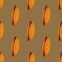 Seamless pattern with hot dog on gray-brown background. Vector image.