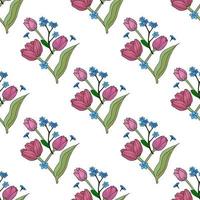 Seamless pattern with blue flowers forget-me-not and pink tulips for fabric, textile, clothes, tablecloth and other things. Vector image.