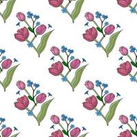 Seamless pattern with blue flowers forget-me-not and pink tulips for fabric, textile, clothes, tablecloth and other things. Vector image.