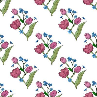 Seamless pattern with blue flowers forget-me-not and pink tulips for fabric, textile, clothes, tablecloth and other things. Vector image.