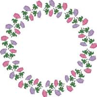 Round frame made of violet and pink anemones. Romantic wreath on white background for your design vector