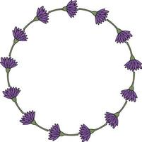 Round frame with horizontal violet flowers on white background. Vector image.