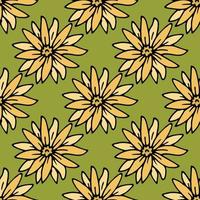 Seamless pattern with big yellow flowers on green background. Vector image.