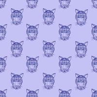 Seamless pattern with tiger muzzles on violet background. Fashionable fabric design. Vector illustration for fabric, paper, textile, scrapbooking.