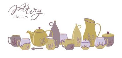 Pottery classes. Set of handmade kitchenware. Hand drawn vector illustration for ceramic studio.