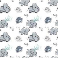 Cute baby vector seamless pattern with hand drawn elephants and tropical plants on white background. Cute characters in simple style. Good for baby nursery, clothes, textile, paper.