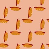 Seamless pattern with hot dog on light orange background. Vector image.