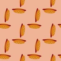 Seamless pattern with hot dog on light orange background. Vector image.