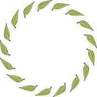 Round frame with green leaves on white background. Vector image.