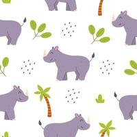 Seamless pattern with cute rhinoceros and palm tree on a white background. Vector childish illustration