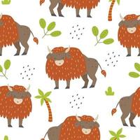 Seamless pattern with cute buffalo and palm tree on a white background. Vector childish illustration