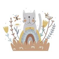 Cute cat, rainbow and flowers. Print for kids. Vector illustration.
