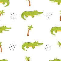 Seamless pattern with cute crocodile and palm tree on a white background. Vector childish illustration