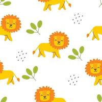 Seamless pattern with cute lion on a white background. Vector childish illustration
