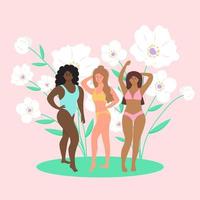 Women in swimsuits of different nationalities and physiques are standing opposite white flowers. vector