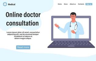 plantilla de diseño de página web para consulta médica en línea. médico con estetoscopio en la pantalla del portátil. vector