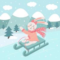 Cute rabbit girl is sledding. Winter landscape. vector