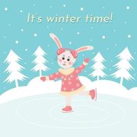 Cute rabbit girl is skating. It's winter time quote. Winter landscape. vector