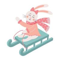 Cute rabbit girl with scarf and bow is sledding. vector