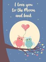 Cute owls with heart balloon is sitting on the branch under the moon. I love you to the moon and back quote. vector