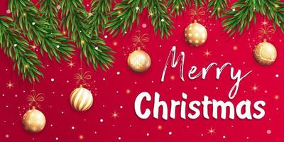 Christmas banner with fir branches decorated with gold balls and snow. Merry Christmas text. vector