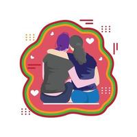 Two female sitting on back view close together and enjoying view in front of them. Romantic moment or LGBT or family time together concept vector illustration.