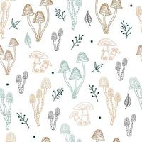 Seamless pattern with simple small mushrooms and plants in pastel colors. Autumn repeating background. Cute baby print. Vector illustration in scandinavian decorative doodle style