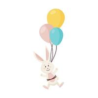 personaje de conejito. volando y riendo divertido, feliz pascua, día de nacimiento conejo de dibujos animados con tres globos vector