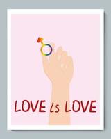 mano blanca con arco iris género lgbt símbolo masculino e inscripción doole amor es amor vector