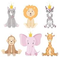 Set of cartoon wild African vector animals. Baby pictures of cute sitting pets in crowns.