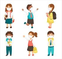 Cartoon vector set of cute children, school kids in medical masks during a pandemic. Smiling pupils girls and boys with books and backpacks.