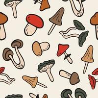 Vector flat illustration seamless pattern mushrooms icons. Doodle objects are cut out. Background decoration.