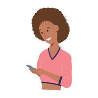 Vector illustration of a young smiling African American woman with a phone in her hand. A person uses a modern device for communication and chatting.