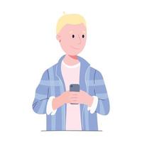 Vector illustration of a young man with a mobile phone in his hands. A modern person uses a gadget for communication or chatting.