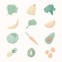 Vector illustration of a group of cartoon objects. Healthy food icons. Fruits, vegetables. Background decoration.