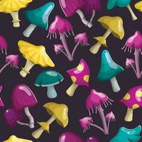 Vector illustration seamless pattern. Magic fairy mushrooms of different shapes and colors. Background decoration.
